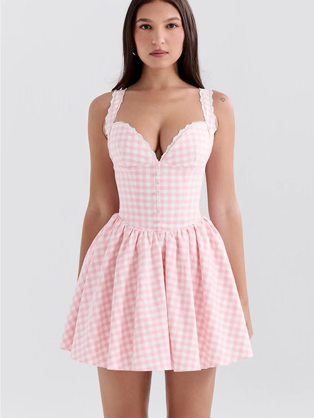 Pink Gingham Fit-and-Flare Mini Dress - Picture 1 of 7